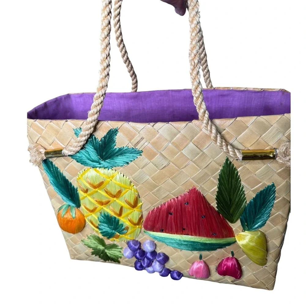 60s Raffia 3d Fruit Embroidered Tote Bag